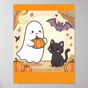 Póster Fantasma Kawaii Espeluznante Diversión con Gato Ne