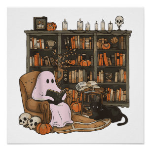Póster Fantasma leyendo libro amante de los gatos Hallowe