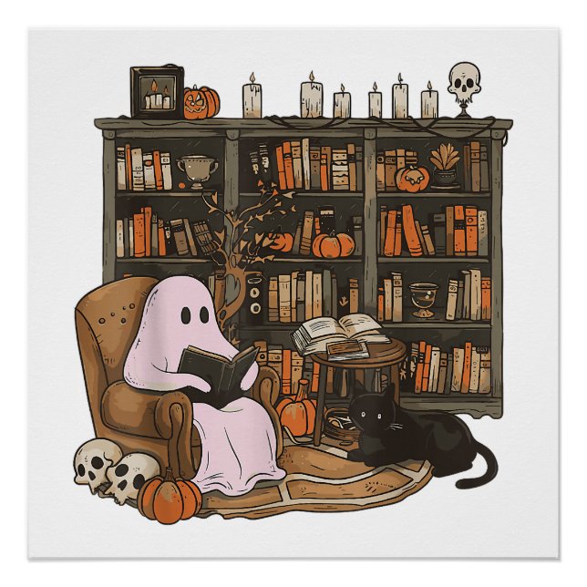 Póster Fantasma leyendo libro amante de los gatos Hallowe (Anverso)