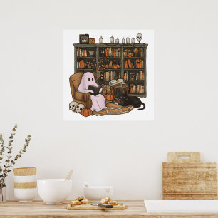 Póster Fantasma leyendo libro Amante de los gatos Hallowe