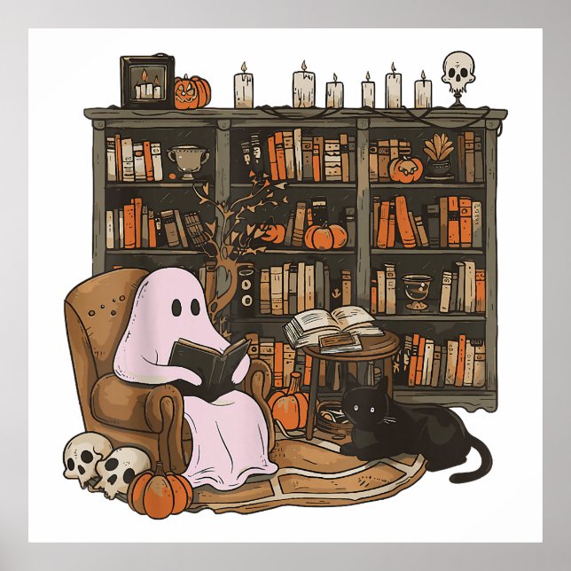 Póster Fantasma leyendo libro Amante de los gatos Hallowe (Frente)