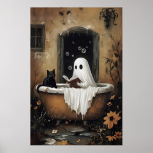Póster Fantasma leyendo libro y gato negro tomando un bañ