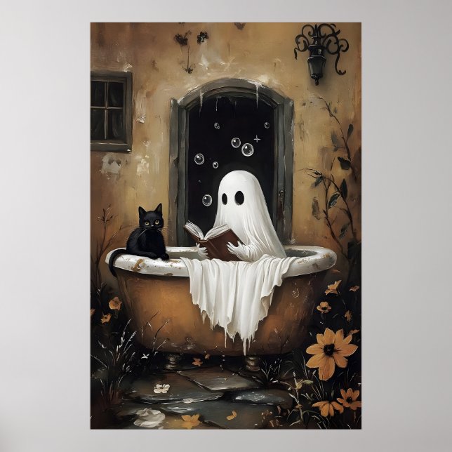 Póster Fantasma leyendo libro y gato negro tomando un bañ (Frente)