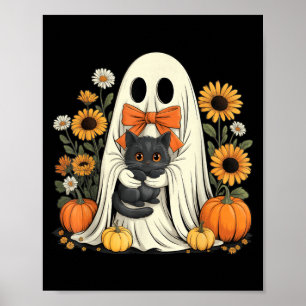 Póster Fantasma Lindo Con Calabaza De Halloween De Gato N