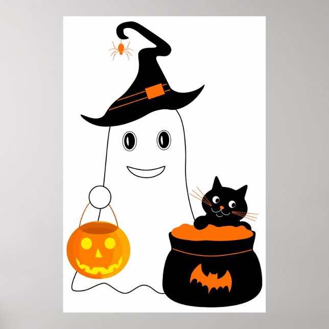 Póster Fantasma lindo con gato negro celebrando halloween (Frente)