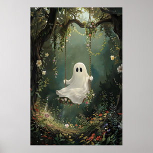 Póster Fantasma lindo en columpio en estampado de bosque