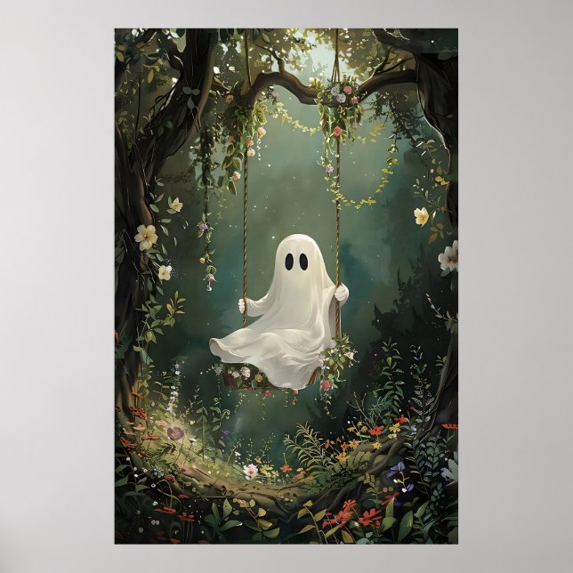Póster Fantasma lindo en columpio en estampado de bosque  (Frente)