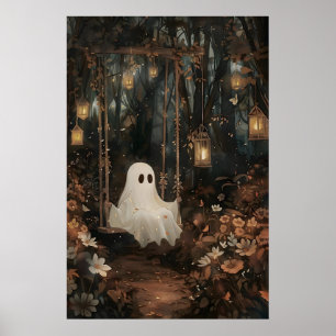 Póster Fantasma lindo en columpio en parque de otoño impr