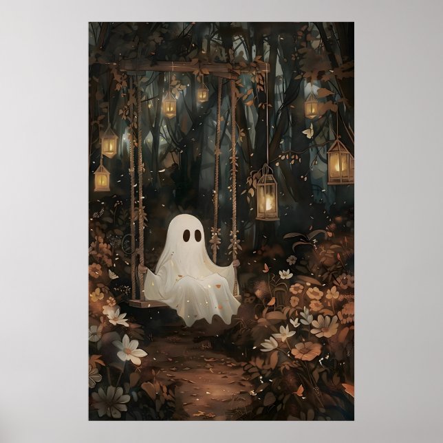 Póster Fantasma lindo en columpio en parque de otoño impr (Frente)