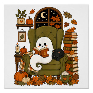 Póster Fantasma Lindo Leyendo Libro Gato Negro Otoño Cala