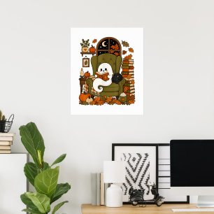 Póster Fantasma Lindo Leyendo Libro Gato Negro Otoño Cala