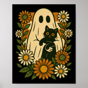 Póster Fantasma Lindo Sosteniendo Gato Negro Floral Diver