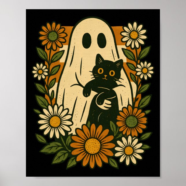 Póster Fantasma Lindo Sosteniendo Gato Negro Floral Diver (Frente)