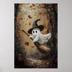 Póster Fantasma lindo volando en una escoba de bruja en o