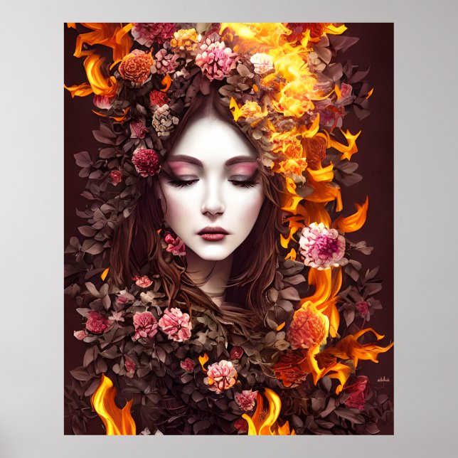 Póster Fantasma mágica hermosa cara flor fuego (Frente)