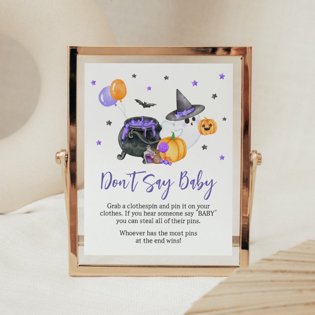 Póster Fantasma morado de boom Baby Shower no dice bebé (Ghost Halloween Baby Shower Don't Say Baby Sign)