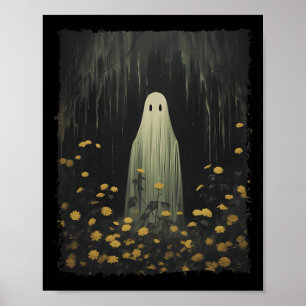 Póster Fantasma Retro Gracioso En El Bosque Floral Hallow