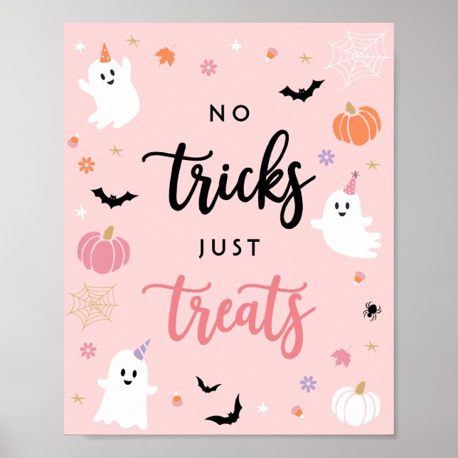 Póster Fantasma Rosa De Halloween No Tricks Sólo (Frente)