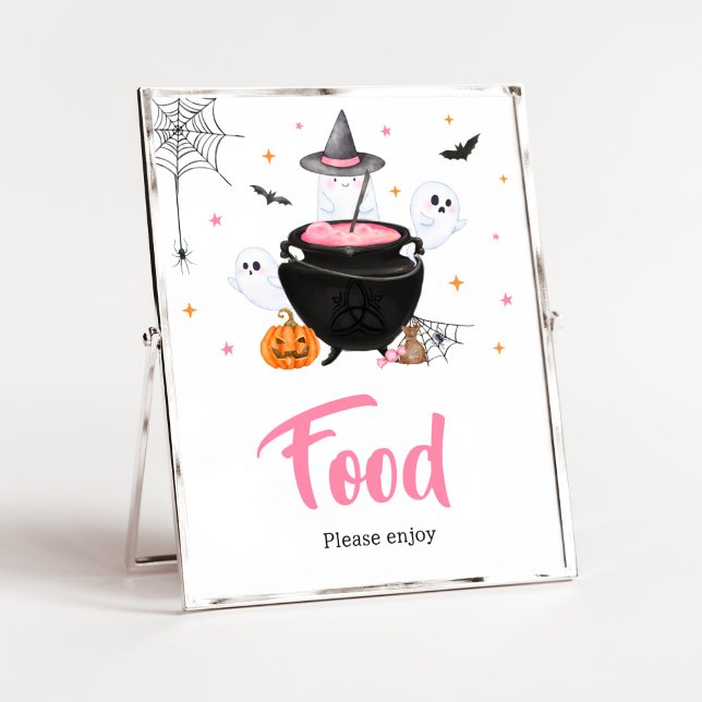 Póster Fantasma rosa Halloween bebé está preparando comid (Baby is Brewing Baby Shower Food Sign)