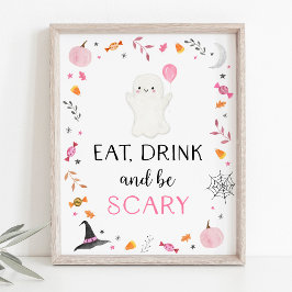 Póster Fantasma Rosa Halloween Comer Bebida Ser Rótulo Fi