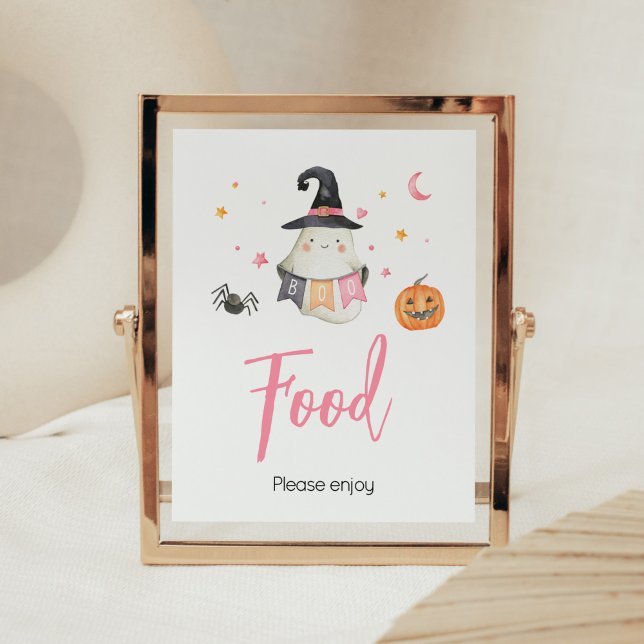 Póster Fantasma Rosa Halloween Pequeño Boo Comida Baby Sh (Little Boo Baby Shower Food Sign)