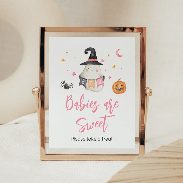 Póster Fantasma Rosa Halloween Pequeños bebés son dulces (Little Boo Baby Shower Babies are Sweet Sign)