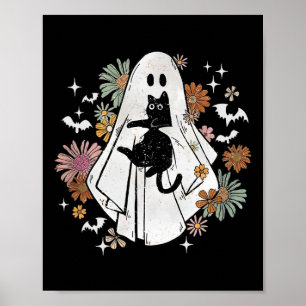 Póster Fantasma Sostengo Gato Negro Groovy Floral Hallowe