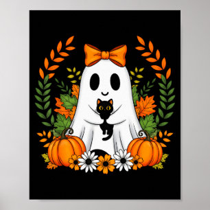Póster Fantasma vintage de Halloween sosteniendo gato neg