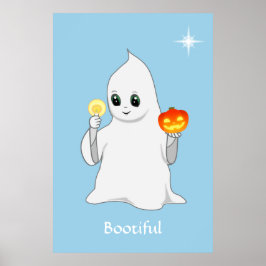 Póster Fantasma y calabaza lindos de Halloween en azul cl