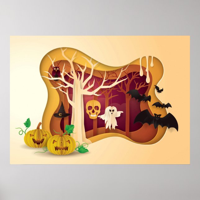 Póster Fantasma y cráneo de árbol de Halloween (Frente)