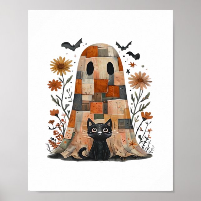 Póster Fantasma y gato de Halloween de imitación, F de fa (Frente)