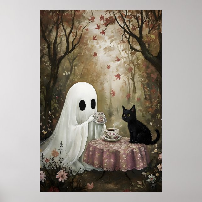 Póster Fantasma y gato negro beben té en otoño (Frente)