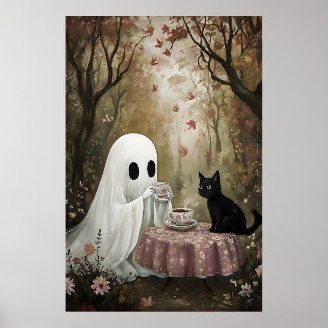 Póster Fantasma y gato negro beben té en otoño (Frente)