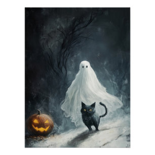 Póster Fantasma y gato negro de Halloween