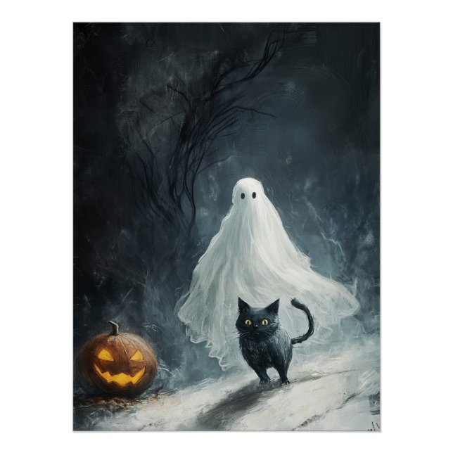 Póster Fantasma y gato negro de Halloween (Anverso)