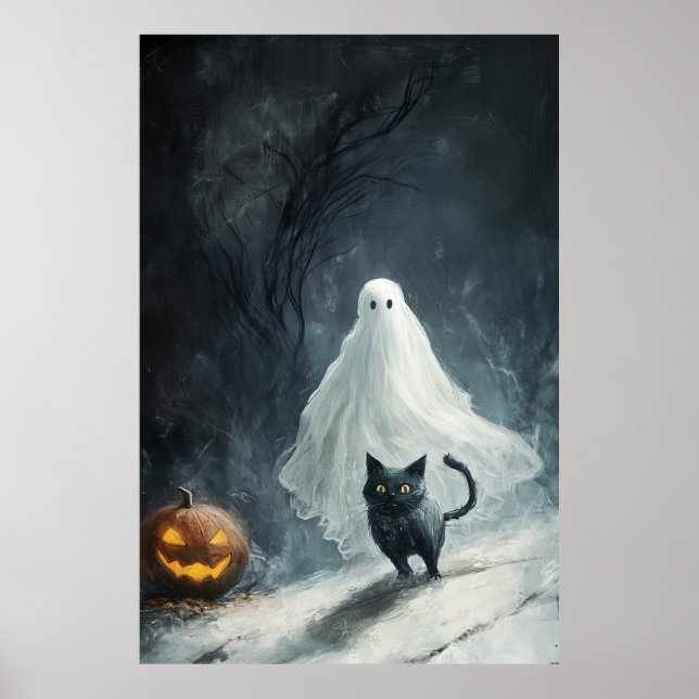 Póster Fantasma y gato negro de Halloween (Frente)