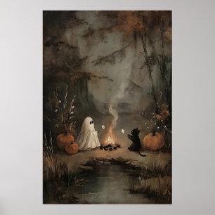 Póster Fantasma y gato negro junto a hoguera con malvavis