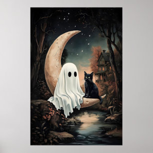 Póster Fantasma y gato negro volando en una luna en lúgub