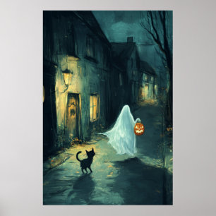Póster Fantasma y gatos de Halloween o trato