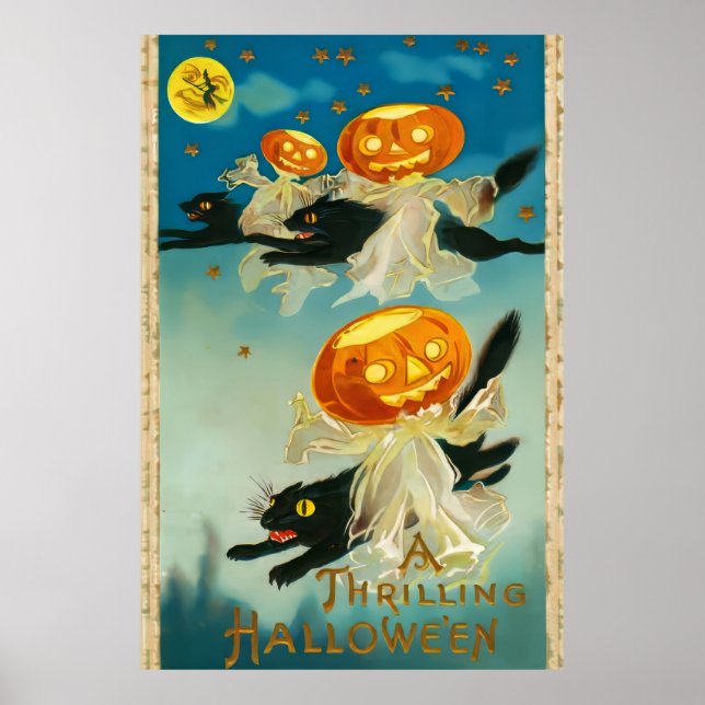 Póster Fantasmas de calabaza de Halloween y gatos negros (Frente)