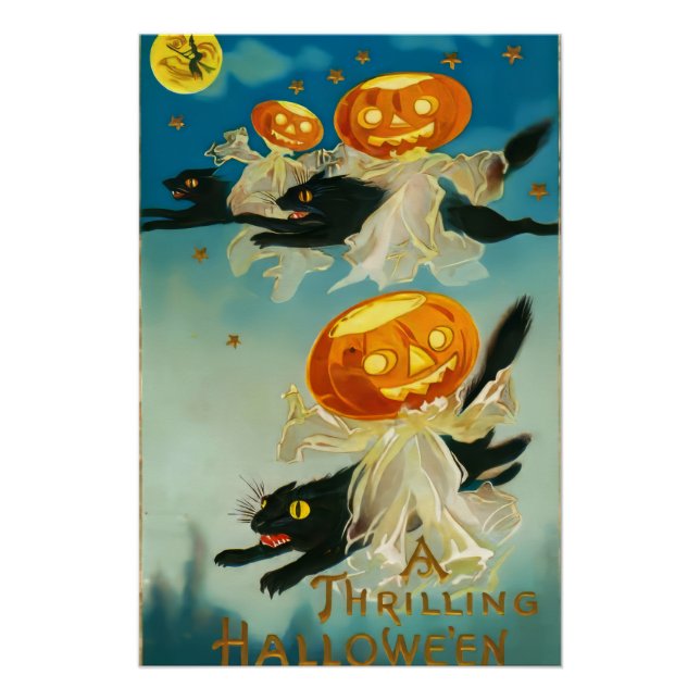 Póster Fantasmas de calabaza de Halloween y gatos negros (Anverso)