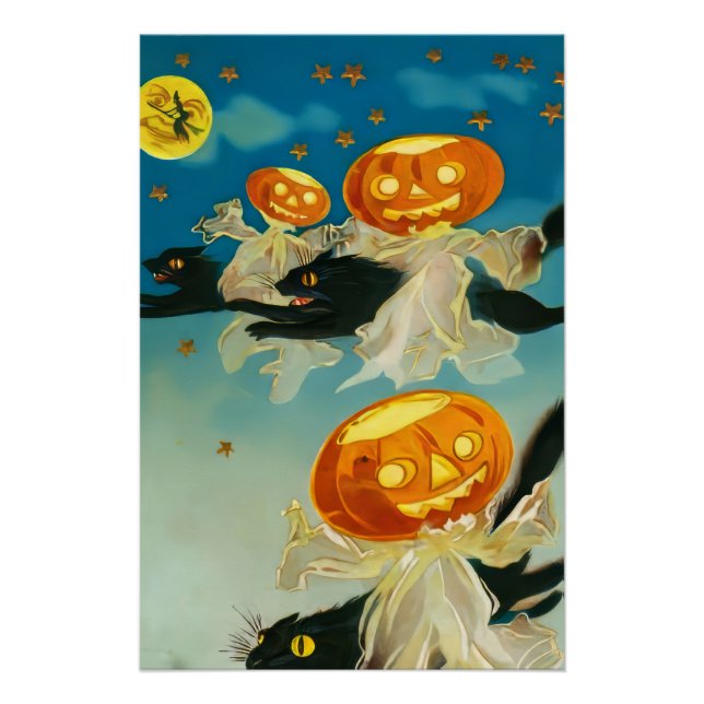 Póster Fantasmas de calabaza de Halloween y gatos negros (Anverso)