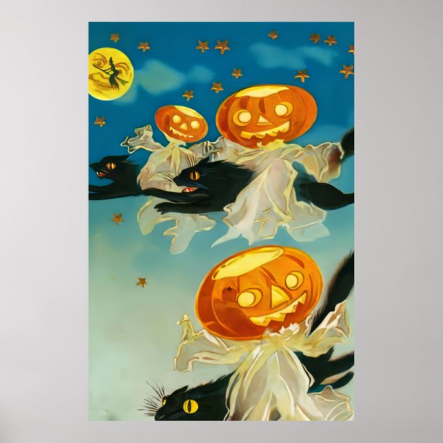 Póster Fantasmas de calabaza de Halloween y gatos negros (Frente)