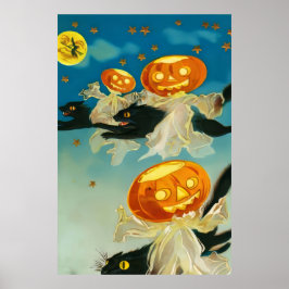 Póster Fantasmas de calabaza de Halloween y gatos negros