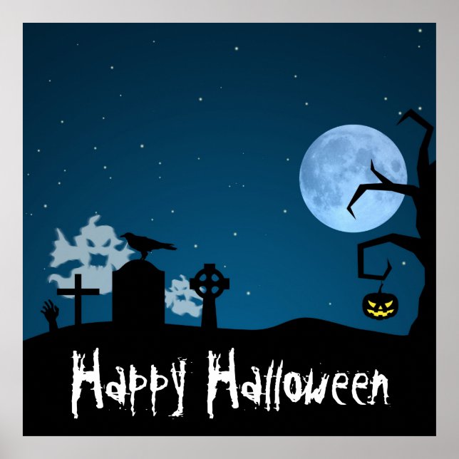 Póster Fantasmas de Halloween en el cementerio (Frente)