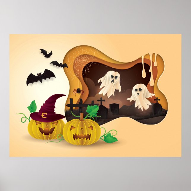 Póster Fantasmas del Cementerio de Papercut de Halloween (Frente)