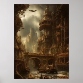 Póster Fantástica ciudad el río el puente los edificios