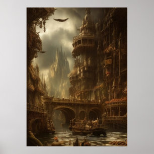 Póster Fantástica ciudad el río el puente los edificios