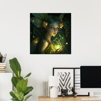 Póster Fantástica hermosa princesa hada del bosque verde