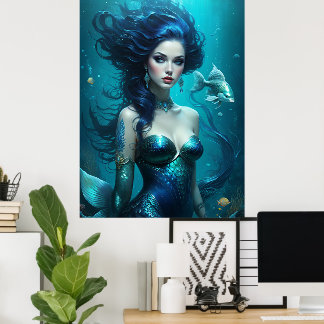 Póster Fantástica hermosa princesa sirena azul submarina